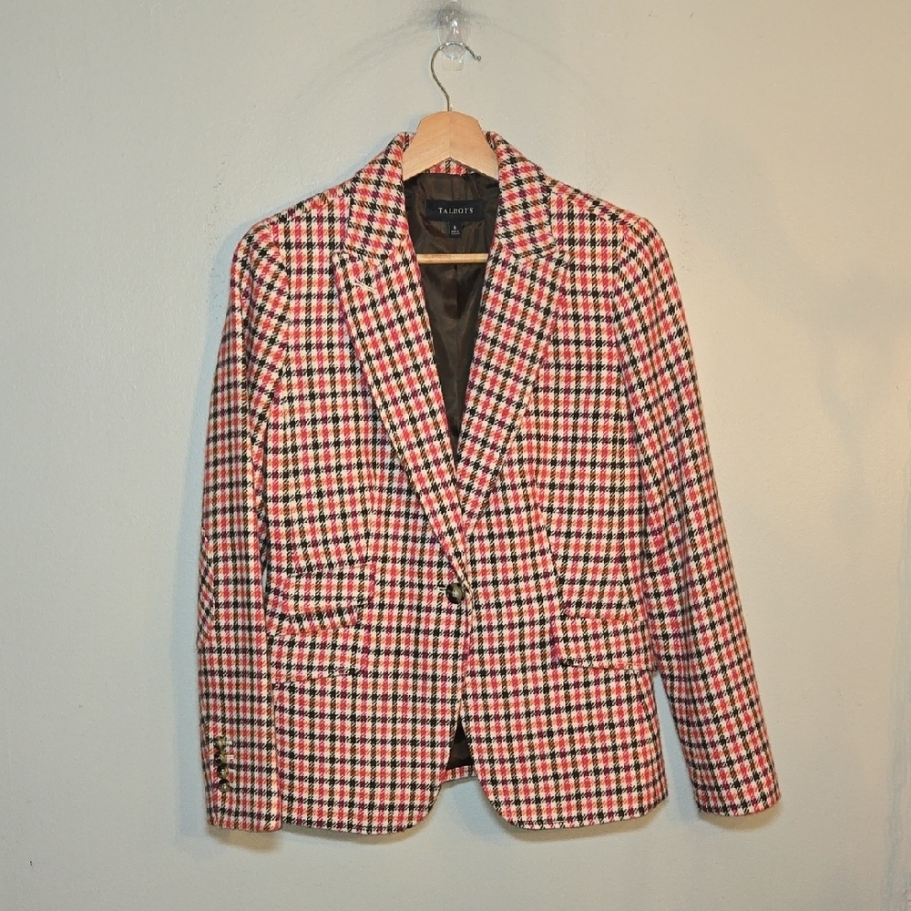 Talbots Shetland Wool Multi Color Plaid Elbow Patch Lined Blazer BWOT